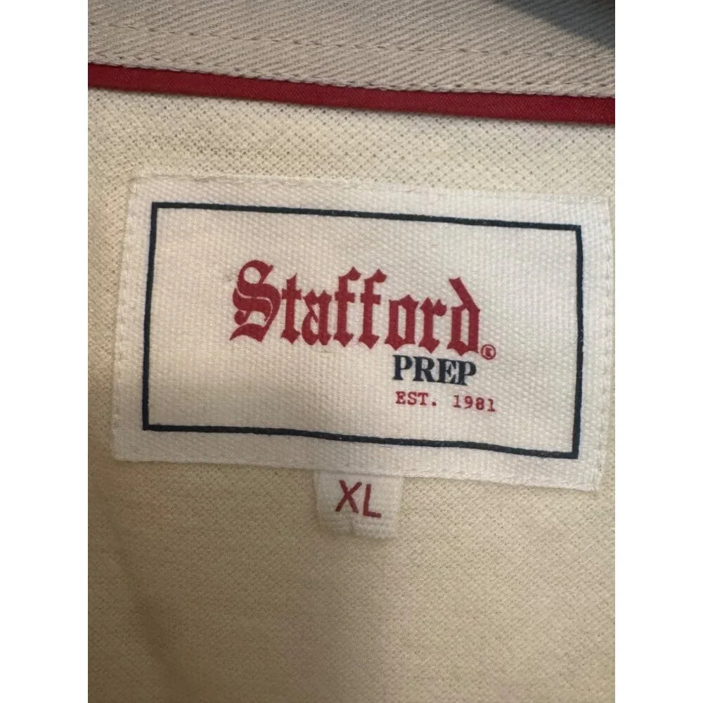 Stafford Prep Mens Polo XL Ivory/Navy Embroidered Lion Cotton Short Sleeve Shirt